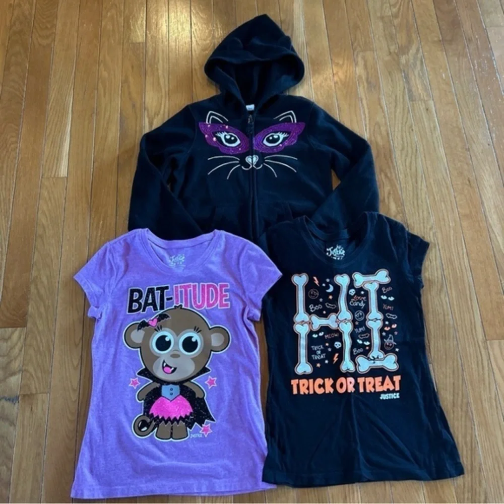3 Old Navy Justice Trick Or Treat Halloween Graphic T-Shirt Hood Sweatshirt Sz 8